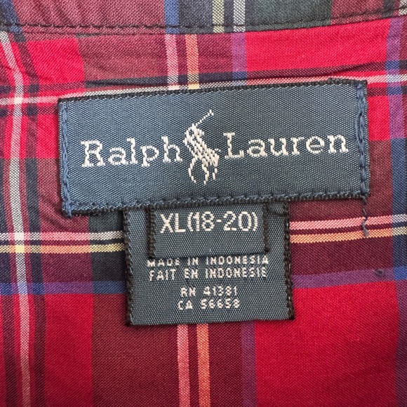 Ralph Lauren Button Down Shirt Kids XL 18-20 Red Tartan Plaid Long Sleeve Pony - Picture 2 of 6
